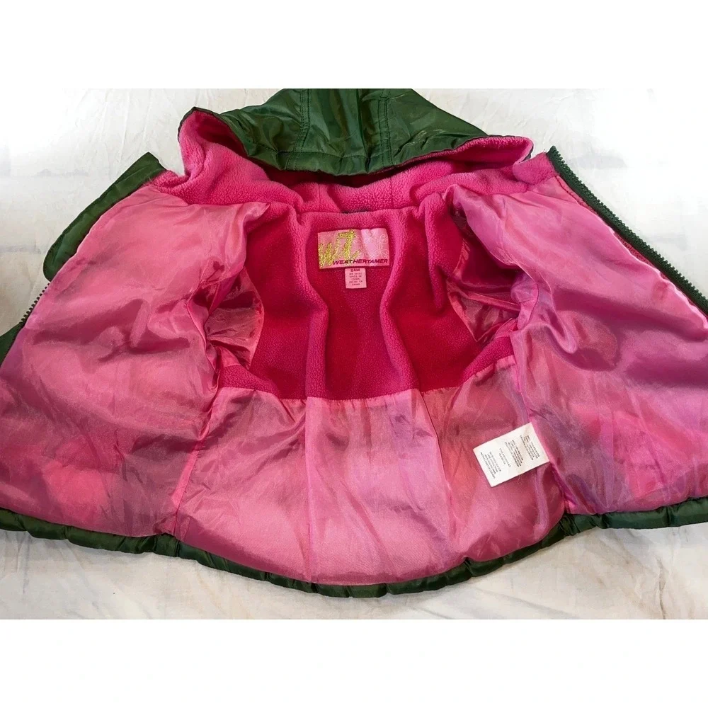 Weather Tamer Toddler‎ Girls Green Puffer Jacket Hooded Pink Trim Heart 24M